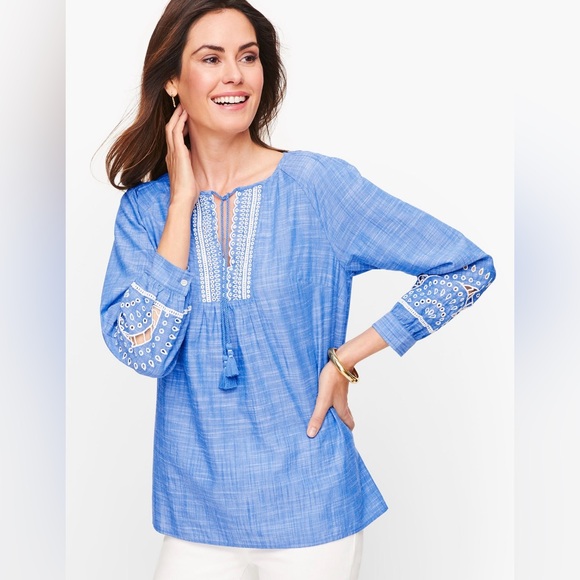 Talbots Blue Embroidered Tassel Tie Top size S - Picture 1 of 8